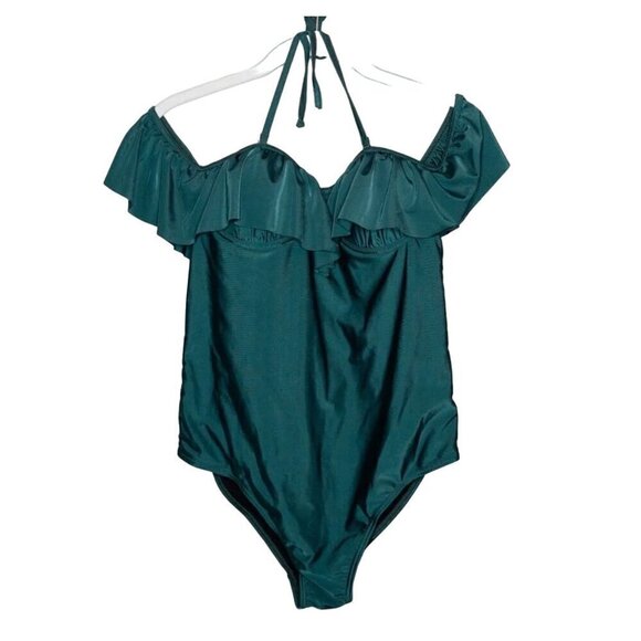 French Connection One Piece Green Ruffle Off Shoulder Swimsuit Size Med NWT B5 - Picture 2 of 10